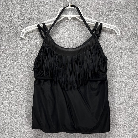 Catalina Swimsuit Top Womens M ( 8-10 ) Black Tankini adjustable strap fringes - Picture 1 of 12